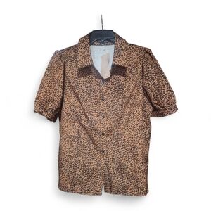 Leopard Print Short Sleeve Button-Up Blouse - Brown